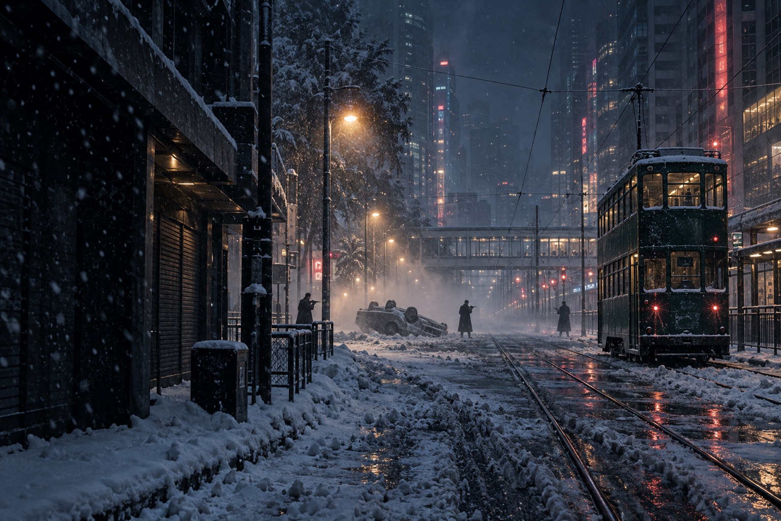 暴雪中的銅鑼灣街道，停駛電車旁出現持槍襲擊者